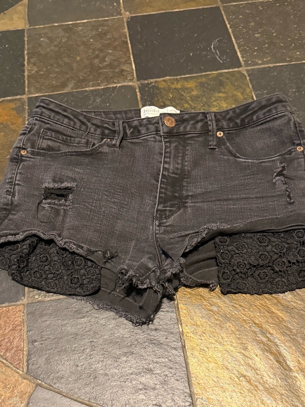 Vintage Mudd Black Distressed Denim Shorts with Lace Inset